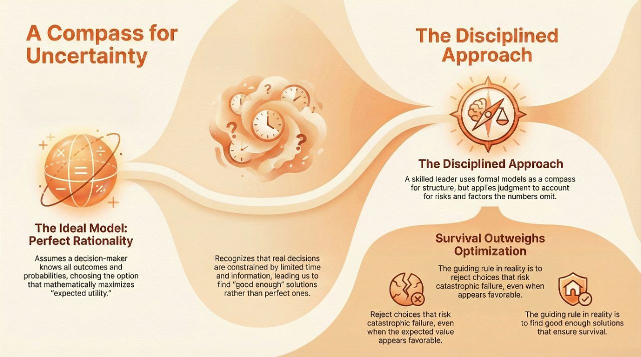Infographic titled 'A Compass for Uncertainty', contrasting the ideal model of perfect rationality with a disciplined practical approach.