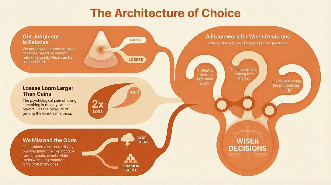 Infographic titled 'The Architecture of Choice', summarising the core principles of prospect theory.