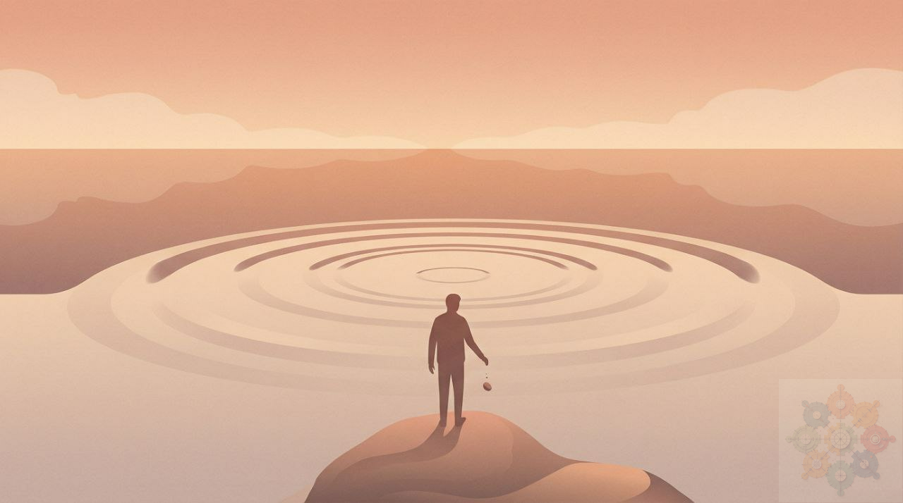 Illustration of a figure standing on a rock at the centre of widening concentric ripples.