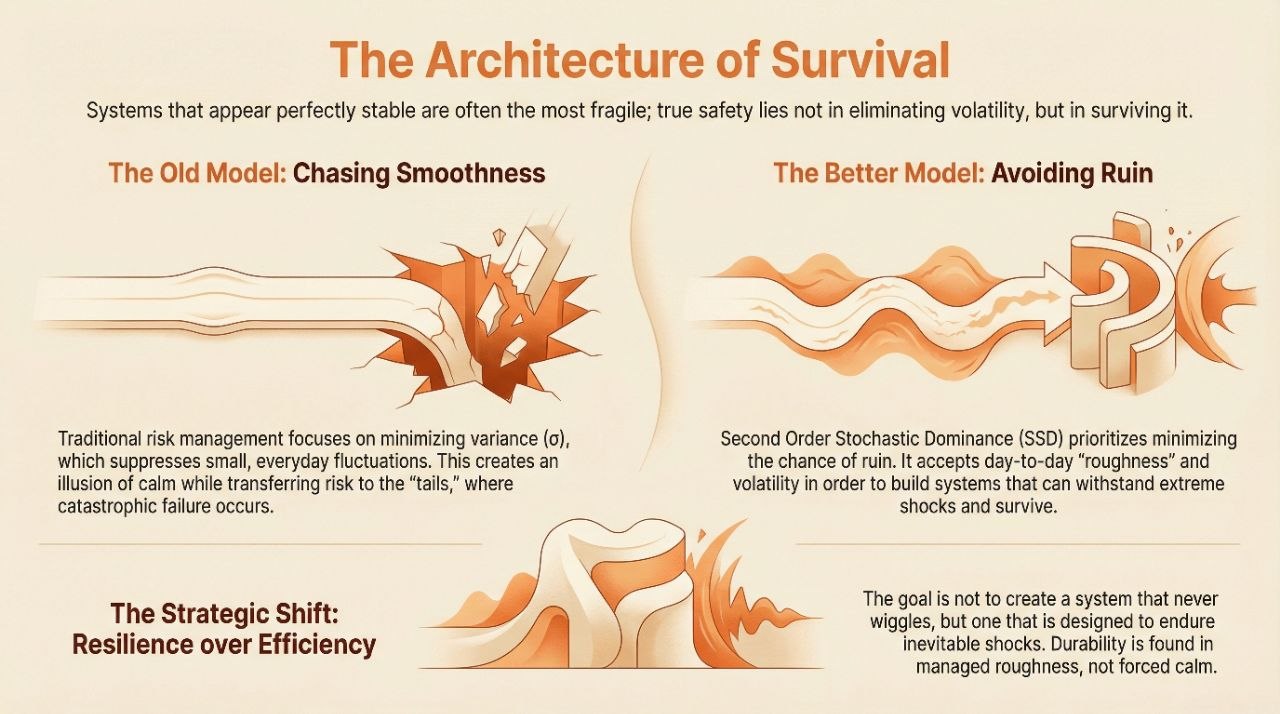 Infographic titled 'The Architecture of Survival', contrasting the pursuit of smoothness with the avoidance of ruin.