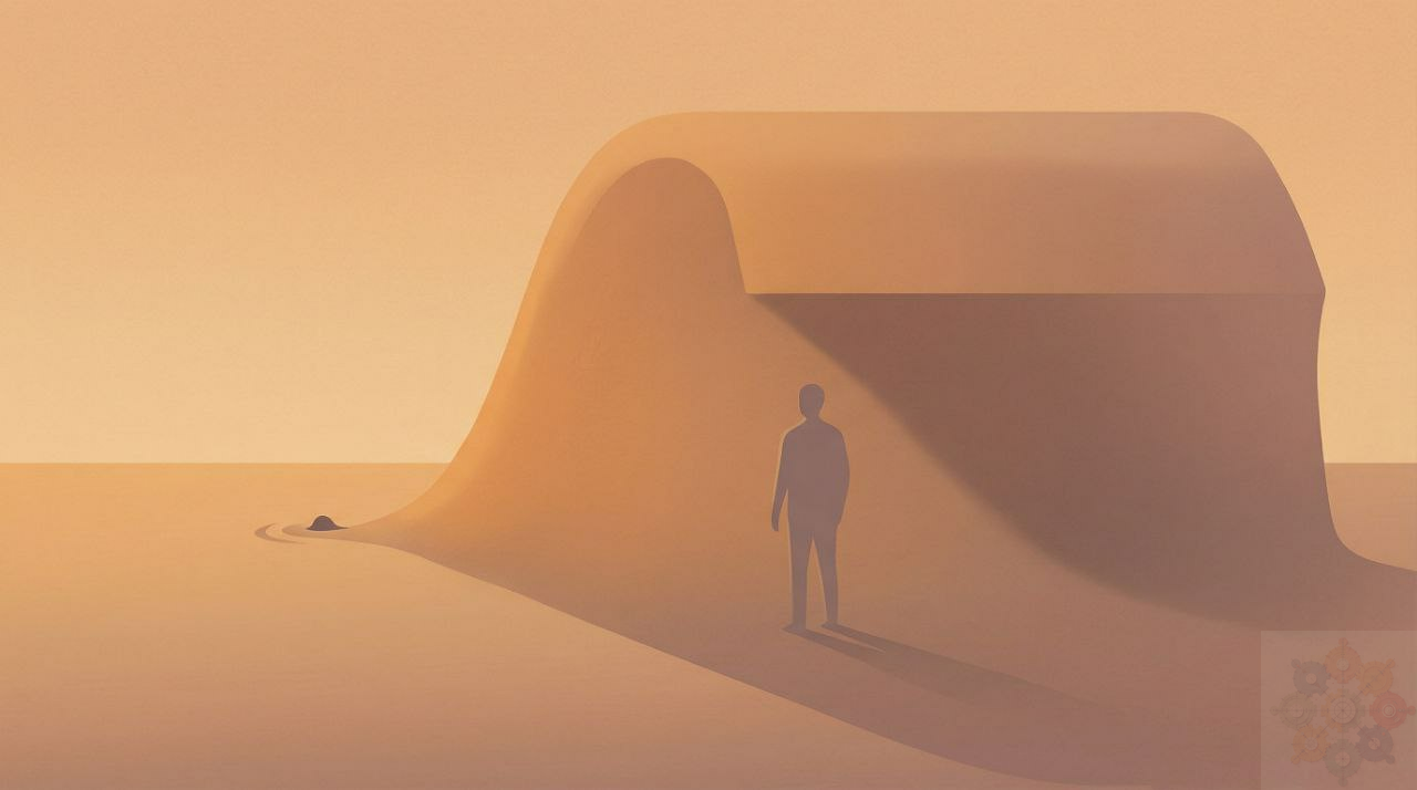 Illustration of a figure standing before a vast smooth dome.