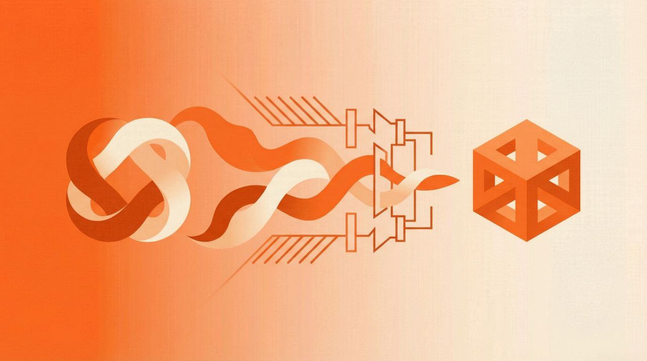 Illustration of interlocking ribbons feeding into a geometric cube of rules.