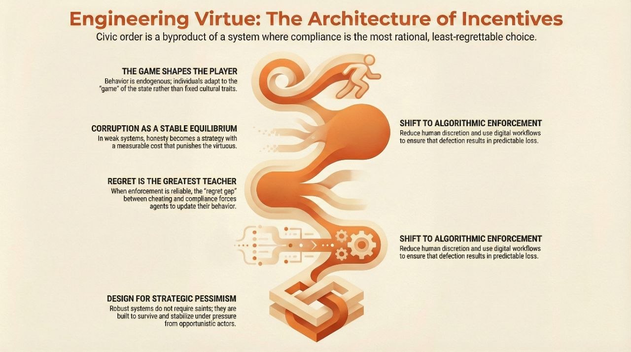 Infographic titled 'Engineering Virtue: The Architecture of Incentives'.