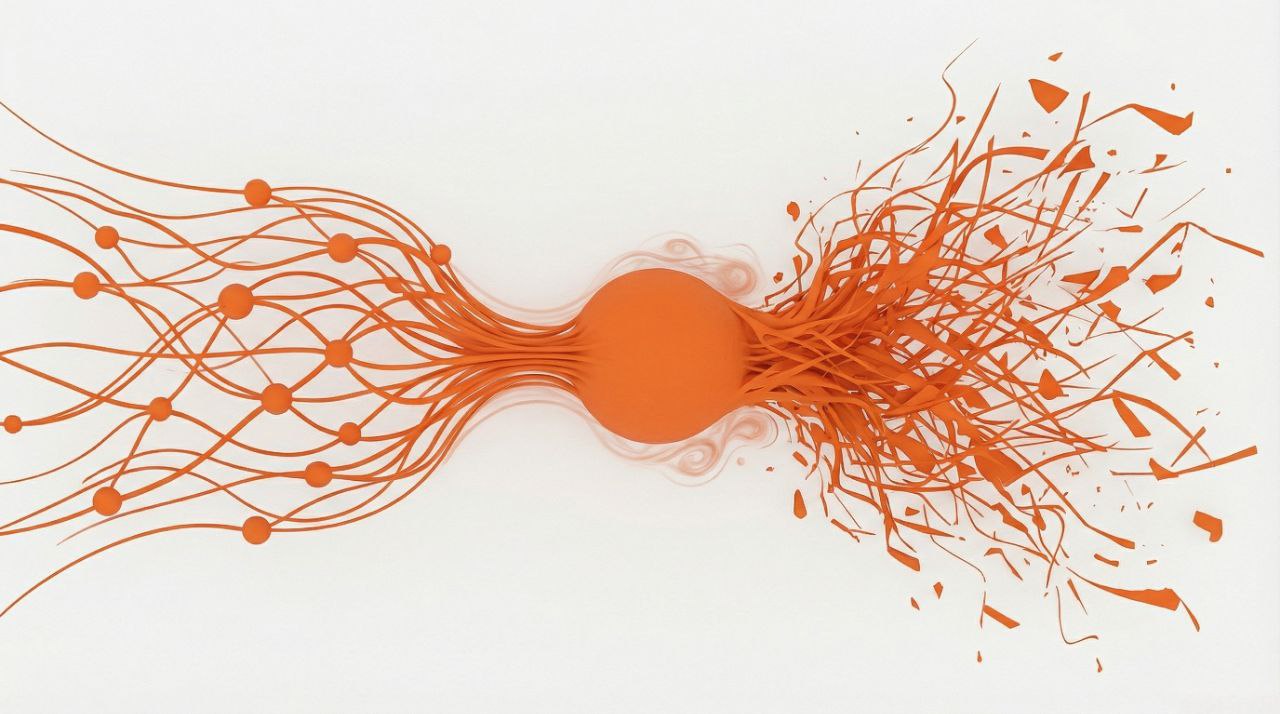 Illustration of a dense network converging on a single orange node.