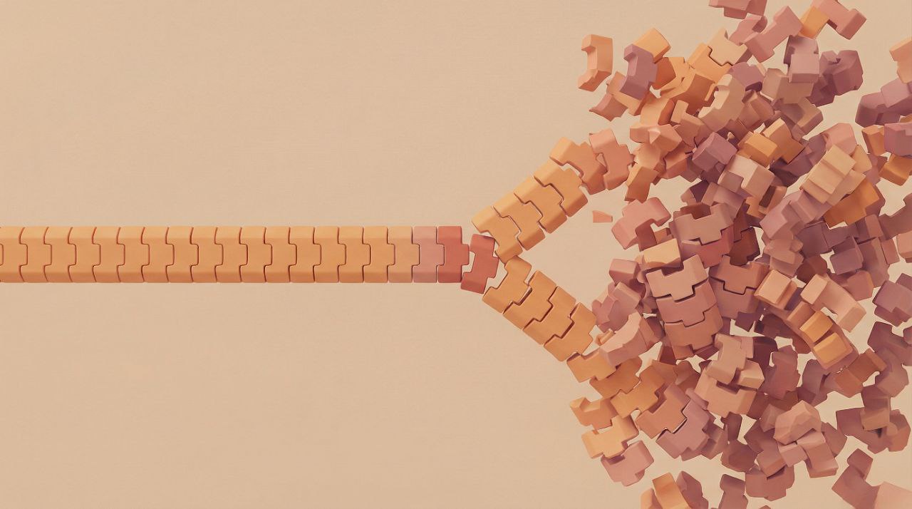 Illustration of a rigid conveyor spilling into a scattered pile of blocks.