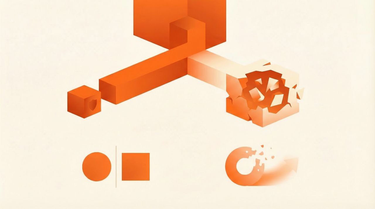 Illustration of orange geometric blocks locked into a rigid cross.