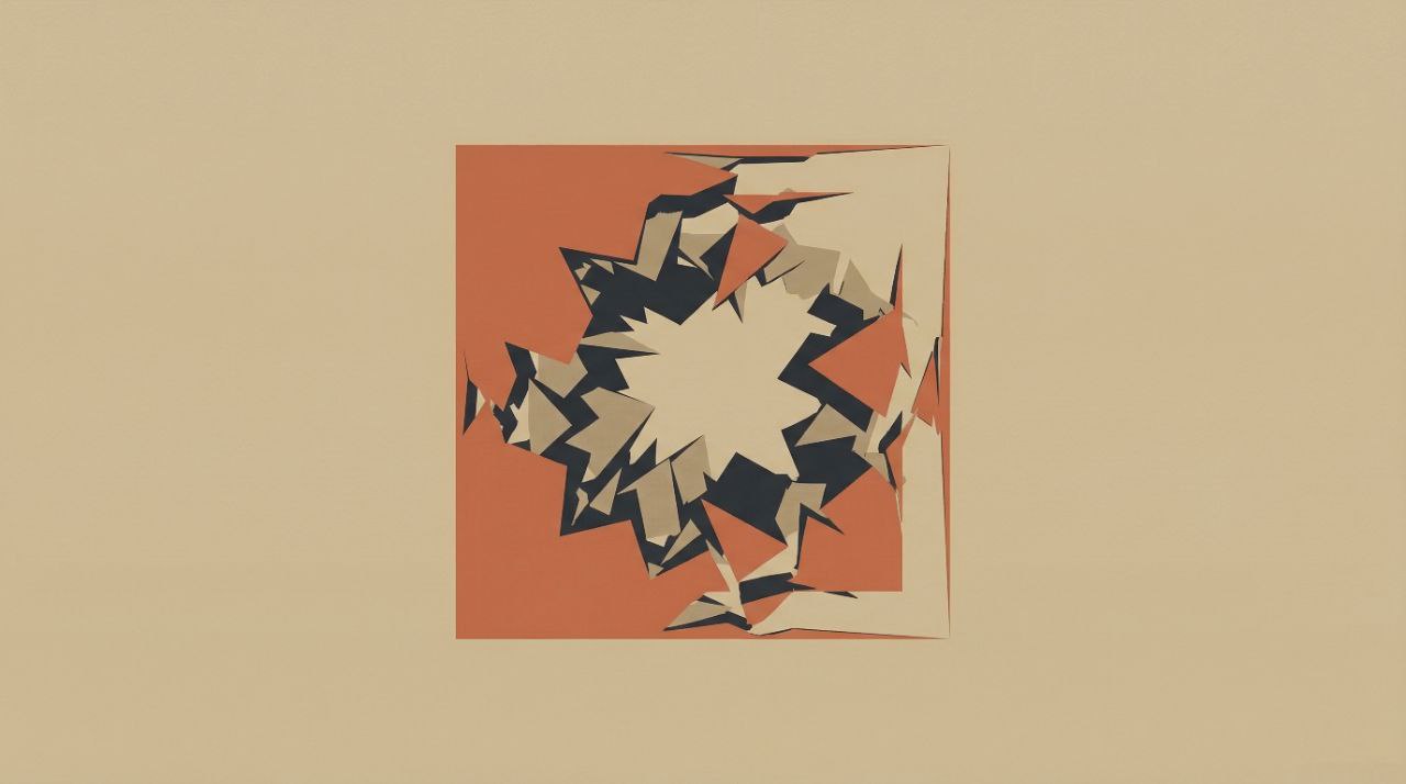 Illustration of a framed burst of shards on a muted panel.