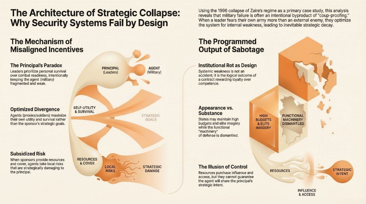Infographic titled 'The Architecture of Strategic Collapse: Why Security Systems Fail by Design'.