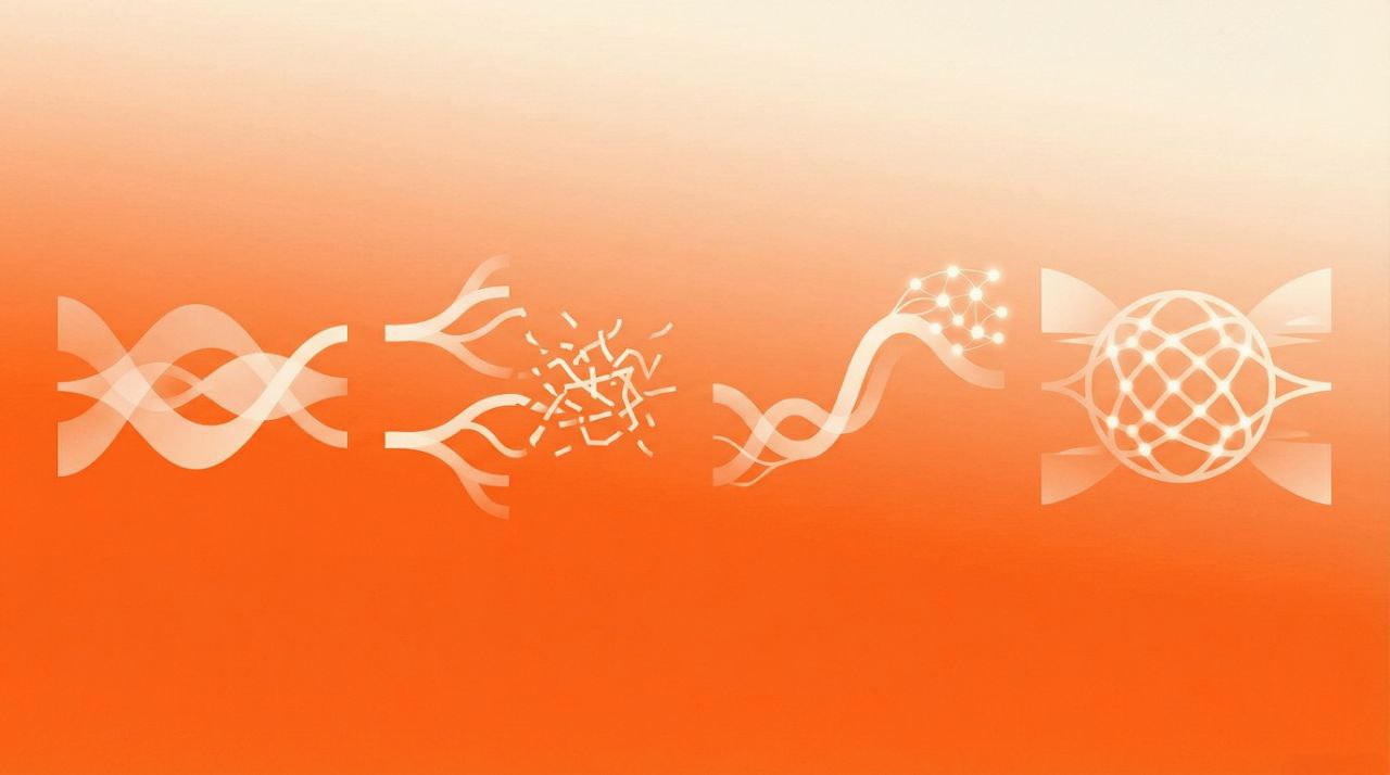 Illustration of strategic motifs unfolding across an orange gradient.