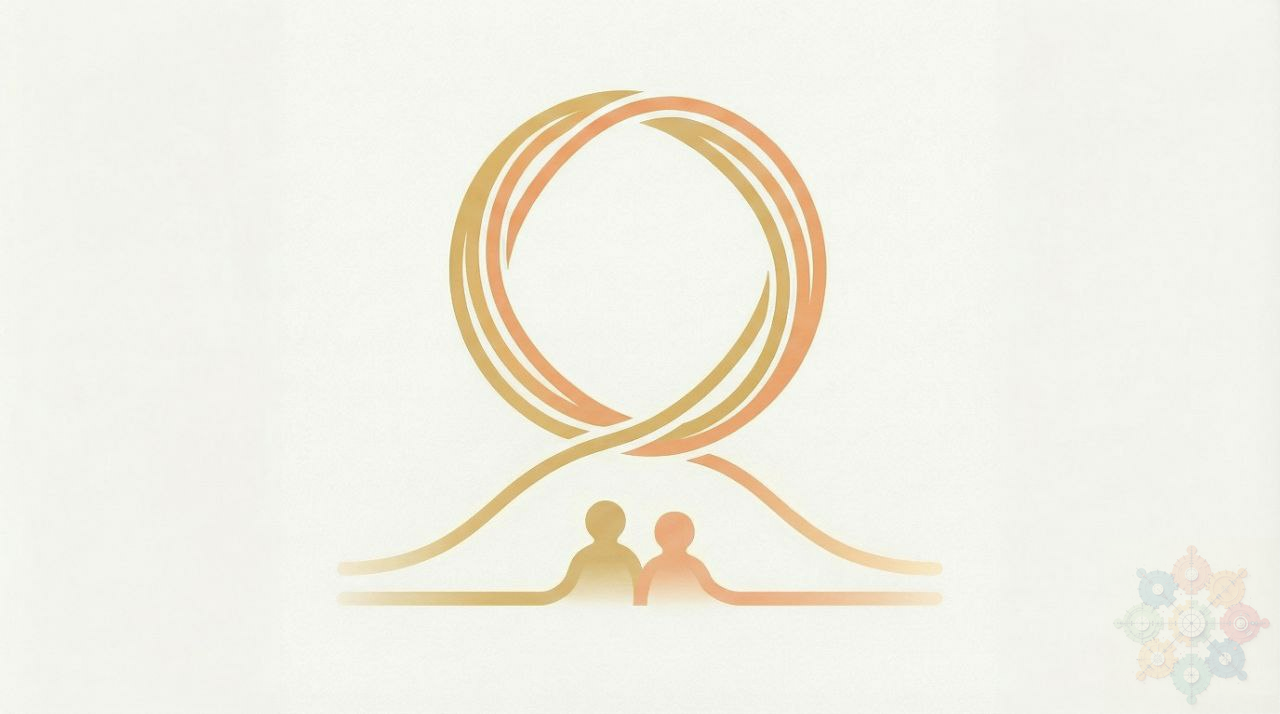 Illustration of a continuous orange loop enclosing small figures.