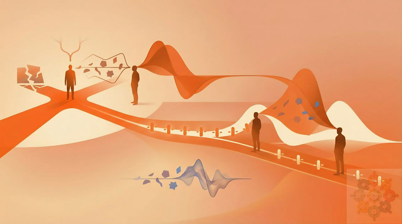 Illustration of figures placed along a rising orange ridge.