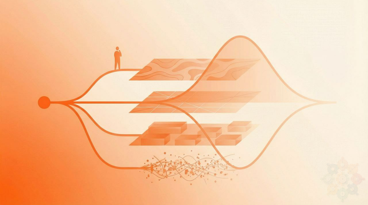 Illustration of a single node branching into stacked layers of possible futures.