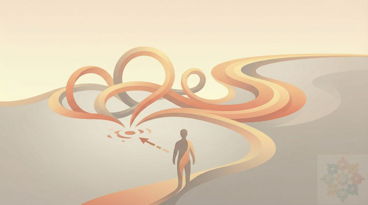 Illustration of intertwined ribbons flowing past a small figure.